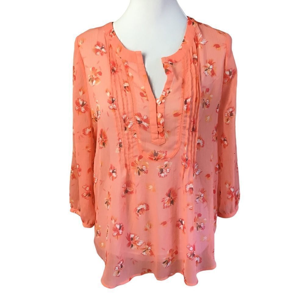 St. John’s Bay Blouse Orange Tangerine Floral Semi sheer V Neck  Medium